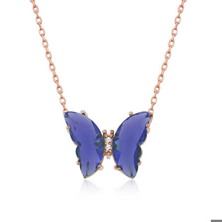 Ebuz ​Gümüş Rose Mavi Cam Kelebek Kolye