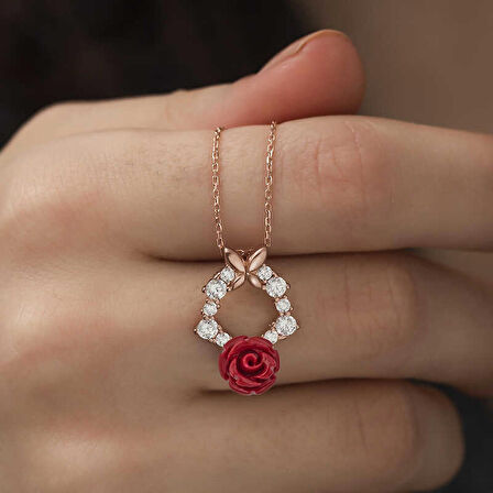 Ebuz ​​Gümüş Rose Kırmızı Gül Kolye