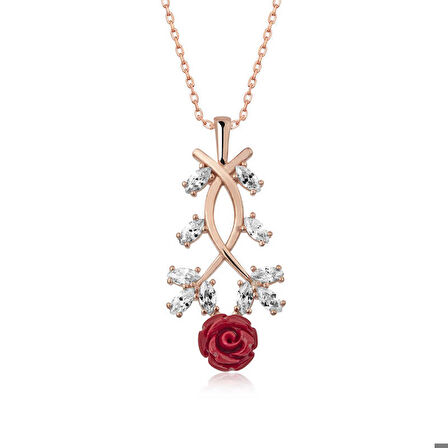 Ebuz ​Gümüş Rose Kırmızı Gül Kolye