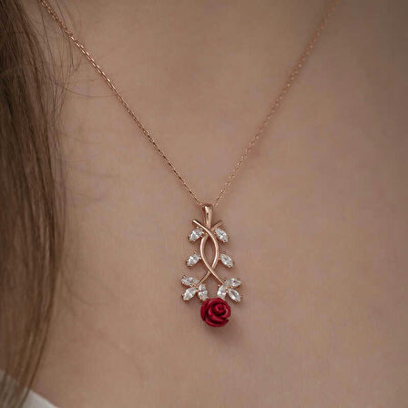 Ebuz ​Gümüş Rose Kırmızı Gül Kolye