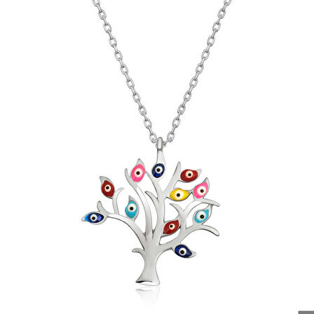 Ebuz Gümüş Renkli Nazarlı Hayat Ağacı Kadın Kolye