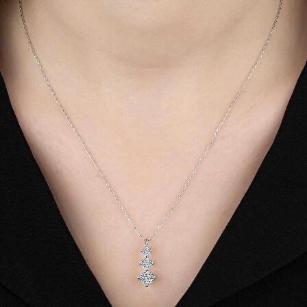 Ebuz Swarovski Taşlı Gümüş Üçtaş Tektaş Bayan Kolye