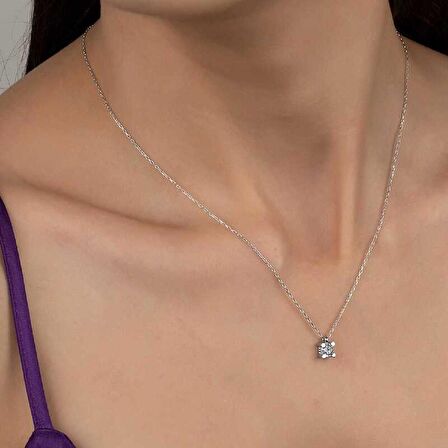 Ebuz Swarovski Taşlı Gümüş Tektaş Bayan Kolye