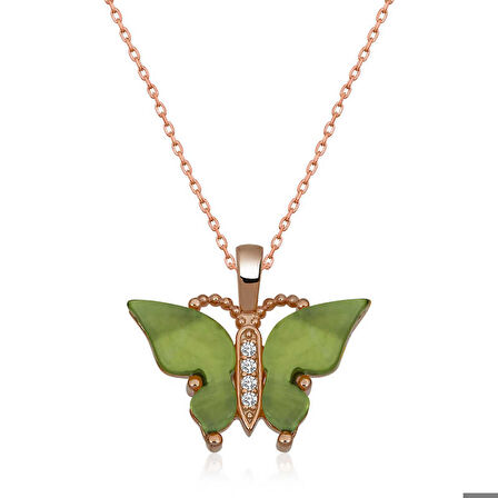 Ebuz Gümüş Rose Yeşil Kaplangözü Taşlı Kelebek Kolye