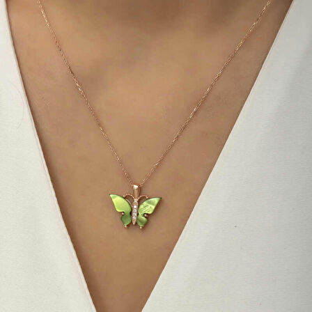 Ebuz Gümüş Rose Yeşil Kaplangözü Taşlı Kelebek Kolye