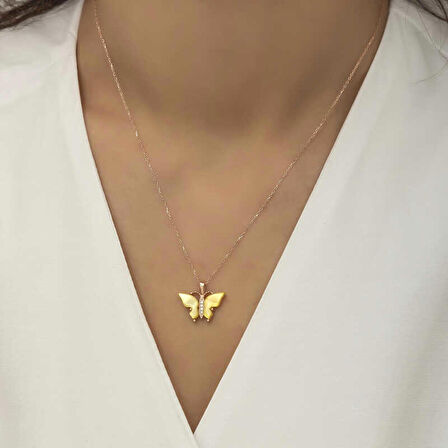 Ebuz Gümüş Rose Sarı Kaplangözü Taşlı Kelebek Kolye