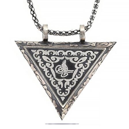 Ebuz Gümüş Üçgen İçi Açılabilen Tuğra Muskalık Kolye