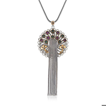 Ebuz Gümüş Telkari Yakut Zümrüt Renkli Taşlı Kadın kolye