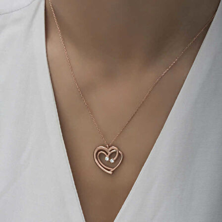 Ebuz Gümüş Rose Birleşmiş Kalpler Kadın Kolye