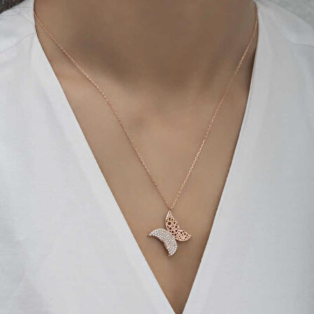 Ebuz Gümüş Rose Kelebek Kadın Kolye