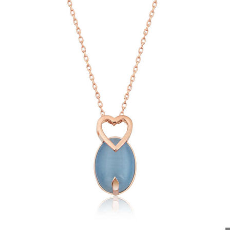 Ebuz ​Gümüş Rose Mavi Kedi Gözü Taşlı Kalp Kolye