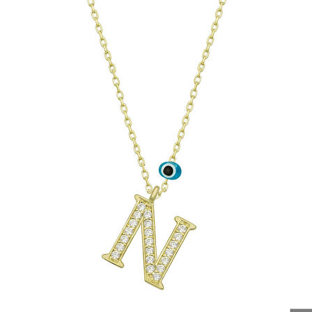 Ebuz Gümüş Nazar Gold N Harfi Kadın Kolye