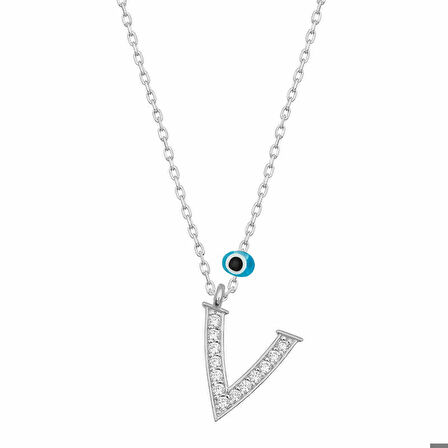 Ebuz Gümüş Nazar Rodyum V Harfi Kadın Kolye