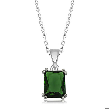 Ebuz Gümüş Yeşil Kristal Kare Taşlı Kadın Kolye