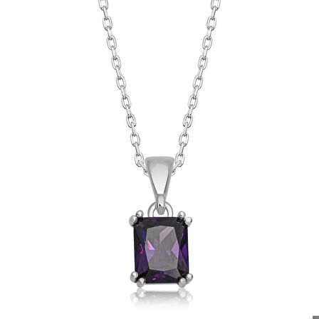 Ebuz Gümüş Mor Kristal Kare Taşlı Kadın Kolye