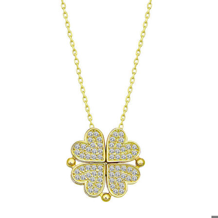 Ebuz Gümüş Gold Kalpli Açılabilen Yonca Kadın Kolye