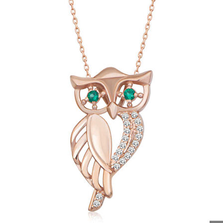 Ebuz ​Gümüş Rose Yeşil Gözlü Baykuş Kadın Kolye