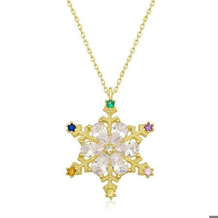 Ebuz Gümüş Gold Renkli Taşlı Kar Tanesi Kadın Kolye