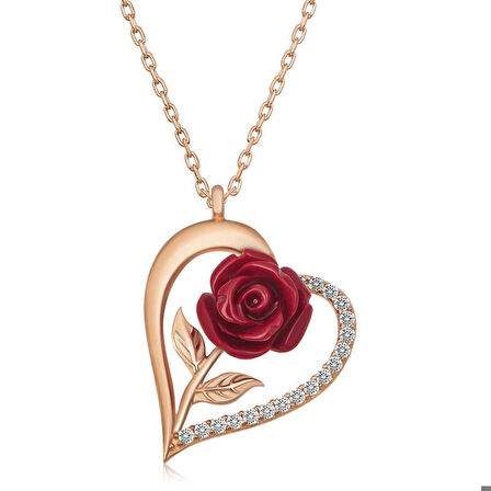 Ebuz ​Gümüş Rose Kalpli Kırmızı Gül Kadın Kolye