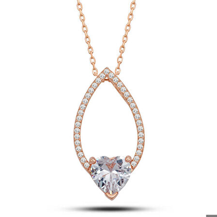 Ebuz Gümüş Rose Kalp Beyaz Taşlı Damla Kadın Kolye