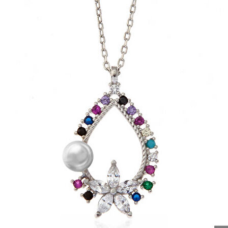 Ebuz Gümüş Renkli Taşlı Çiçekli Kadın Kolye