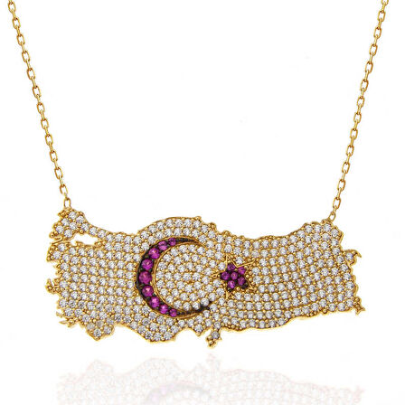 Ebuz Gümüş Gold Ay Yıldız Türkiye Haritası Kadın Kolye