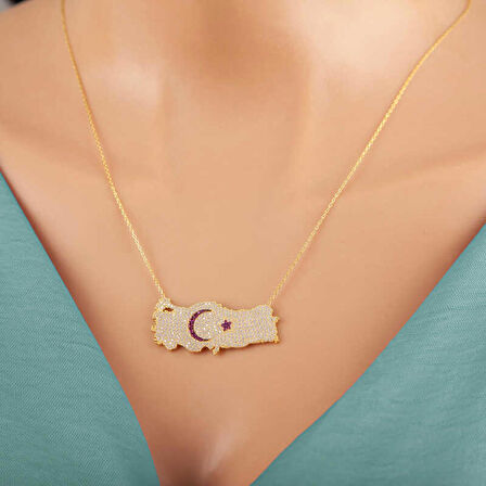 Ebuz Gümüş Gold Ay Yıldız Türkiye Haritası Kadın Kolye