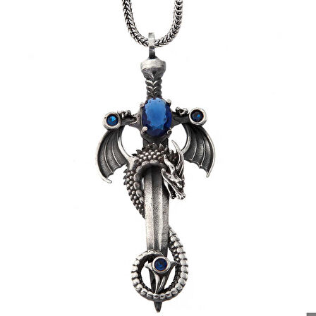 Ebuz Gümüş Safir Taşlı Ejderha Erkek Kılıç Kolye