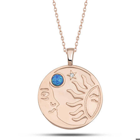 Ebuz Gümüş Rose Opal Mavi Taşlı Ay Güneş Kadın Kolye