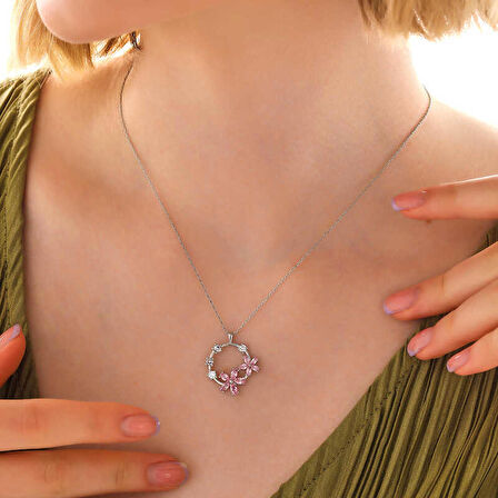 Ebuz Gümüş Pembe Çiçek Kadın Kolye