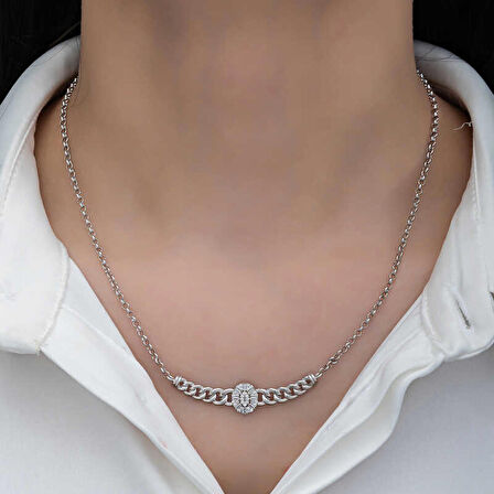 Ebuz Gümüş Gurmet Zincirli Oval Baget Taşlı Kadın Kolye