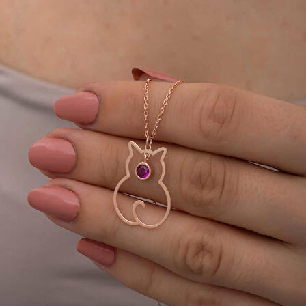 Ebuz Gümüş Temmuz Ayı Doğum Taşı Kedi Kadın Kolye