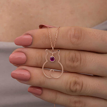 Ebuz Gümüş Temmuz Ayı Doğum Taşı Kedi Kadın Kolye