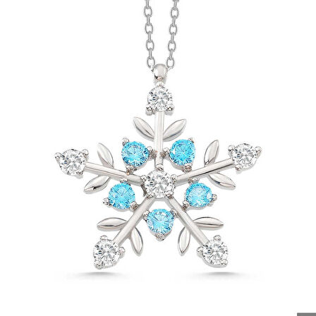 Ebuz Gümüş Işıklı Kutulu Aquamarine Taşlı Kar Tanesi Kadın Kolye