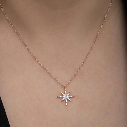 Ebuz Gümüş Rose Kutup Yıldızı Kadın Kolye