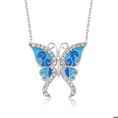 Ebuz Gümüş Mavi Kelebek Kadın Kolye