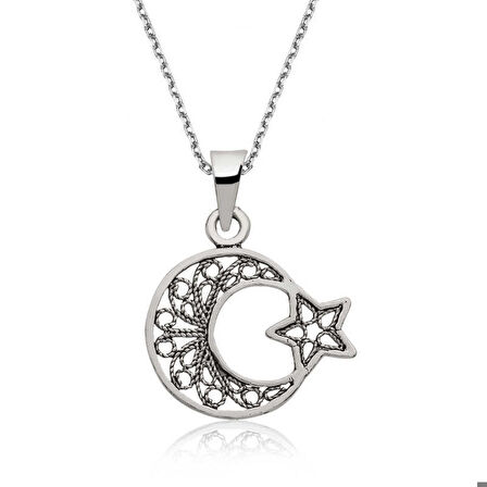 Ebuz Gümüş Ay Yıldız Kadın Kolye