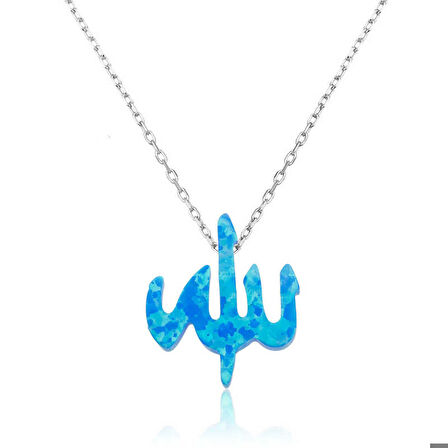 Ebuz Gümüş Mavi Opal Taşlı Allah Yazılı Kadın Kolye