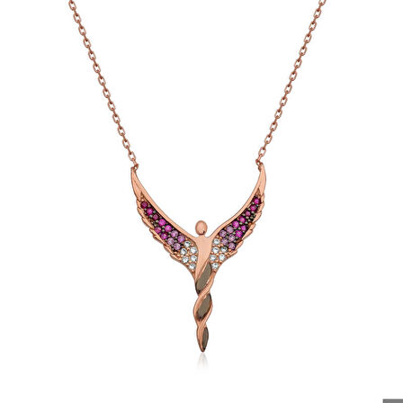 Ebuz Gümüş Rose Kanatlı Melek Kadın Kolye