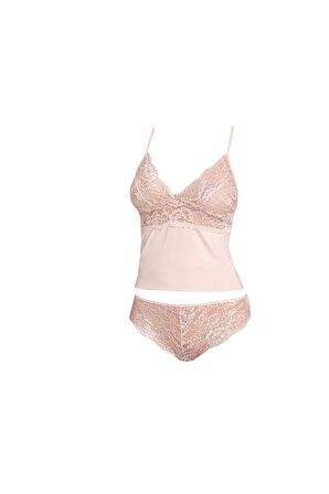 Kadın Dantelli Penye Atlet Külot / Kaşkorse Set Pudra Alissa 603