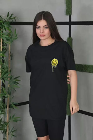 Ebedi Unisex Bisiklet Yaka Baskılı Oversize T-Shirt - Siyah