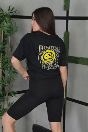 Ebedi Unisex Bisiklet Yaka Baskılı Oversize T-Shirt - Siyah