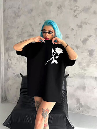 Ebedi Unisex Bisiklet Yaka Baskılı Oversize T-Shirt - Siyah