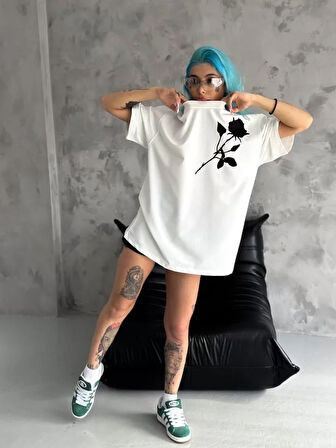 Ebedi Unisex Bisiklet Yaka Baskılı Oversize T-Shirt - Beyaz