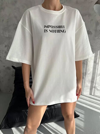 Ebedi Unisex Bisiklet Yaka Baskılı Oversize T-Shirt - Beyaz