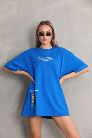 Ebedi Unisex Bisiklet Yaka Baskılı Oversize T-Shirt - Mavi