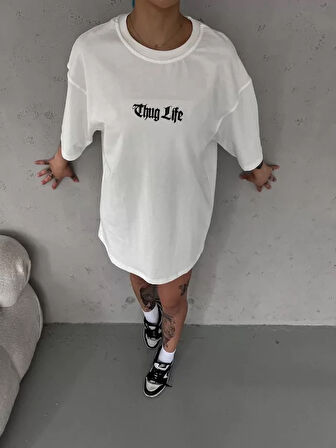 Ebedi Unisex Bisiklet Yaka Baskılı Oversize T-Shirt - Beyaz