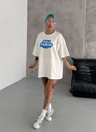 Ebedi Unisex Bisiklet Yaka Baskılı Oversize T-Shirt - Beyaz