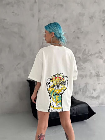 Ebedi Unisex Bisiklet Yaka Baskılı Oversize T-Shirt - Beyaz