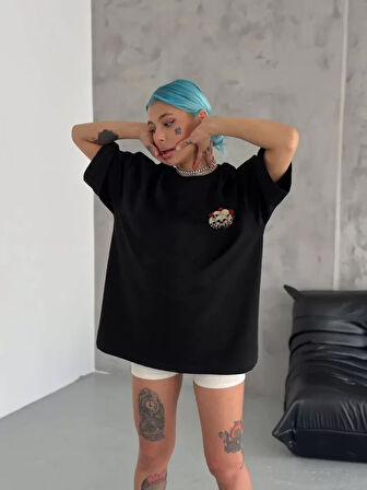 Ebedi Unisex Bisiklet Yaka Baskılı Oversize T-Shirt - Siyah